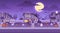 Halloween street houses. Decorated haunted house background, horror carnival night city with creepy pumpkin building