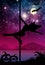 Halloween style silhouette of female pole dancer. performing pole moves in front of river and stars. Pole dancer in front of space