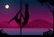 Halloween style silhouettes of male and female pole dancer performing duo tricks in front of river and full moon at night.