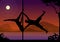Halloween style silhouettes of male and female pole dancer performing duo tricks in front of river and full moon at night.