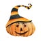 Halloween sublimation watercolor. Halloween scary pumpkin head scarecrow, postcard for Halloween holiday.