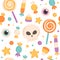 Halloween sweets and candies seamless pattern. Happy Halloween elements. Trick or treat. Flat, hand drawn texture for