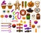 Halloween sweets. Cartoon halloween candies, spooky lollipops, cupcakes and scary jelly sweets vector illustration set
