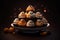 Halloween sweets - a plate with ghost cupcakes and candy, in the style of dark orange and dark brown. Generative AI