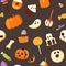 Halloween sweets vector seamless pattern. Pumpkin chocolate cake, ghost and scull jelly candy, lollypop on Halloween