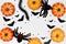 Halloween symbol concept, Scary smile pumpkin with centipede and spider with flying black bat