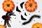 Halloween symbol concept, Scary smile pumpkin with centipede and spider with flying black bat