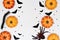 Halloween symbol concept, Scary smile pumpkin with centipede and spider with flying black bat