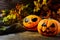 Halloween symbol smiling pumpkin on dark rustic background