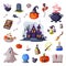 Halloween Symbols Collection, Holiday Party Design Elements, Scary Gothic House, Pumpkin, Witch Cauldron, Ghost, Magic