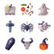 Halloween Symbols Collection, Holiday Party Design Elements, Spider, Pumpkin, Cross, Magic Book, Buffalo Skull, Coffin