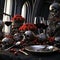 a halloween table setting with skulls and skulls