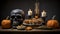 a halloween table with a skull candles and pumpkins