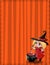Halloween template with witch girl, bat and cauldron framed with spiderweb on striped orange background.