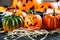 Halloween and thankgiving decoration: pumpkins, lanterns