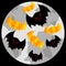 Halloween theme. A flock of bats and pumpkins with wings on the background of the moon. Night black background. Vector.