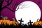Halloween theme with full Moon and orange pumpkins on graveyard in scary night.