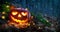 Halloween theme with glowing pumpkin in dark autumn forest with bats and fireflies. Halloween horror background