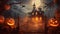 Halloween theme illustration, horror mansion, scary pumpkins, jack o lanterns