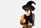 Halloween theme, young asian woman in witch costume carrying orange pumpkin bucket wearing vr goggles for watching playing