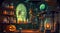 Halloween-themed Alchemy lab with potion bottles and jack-o-lanterns. Magical laboratory under a full moon. Witch's