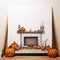 Halloween-themed Fireplace Illustration With Pumpkins And Whitewall