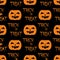 Halloween tile vector pattern with orange pumpkin and trick or treat on black background