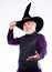 Halloween tradition. Cosplay outfit. Wizard costume hat Halloween party. Senior man white beard celebrate Halloween