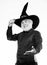 Halloween tradition. Cosplay outfit. Wizard costume hat Halloween party. Senior man white beard celebrate Halloween