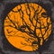 Halloween vector background. Dry tree and pumpkins. Full moon and bats