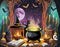 a Halloween vector background portraying a witch\\\'s lair with bubbling cauldrons, spellbooks, and magical artifacts