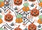 Halloween vector background. Seamless pattern with cute and fun Halloween characters Pumpkin Jack o Lantern and  Spiders