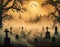 a Halloween vector background set in a ghostly graveyard, featuring spectral apparitions under a foggy moon