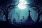 a Halloween vector background set in a ghostly graveyard, featuring spectral apparitions under a foggy moon, Generated AI