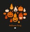 Halloween vector card with angry pumpkins. Decorative banner with group of funny pumpkins. Set with vector silhouettes.