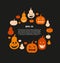 Halloween vector card with angry pumpkins. Decorative banner with round group of funny pumpkins