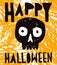 Halloween Vector Illustration with Big Black Scary Skul Isolated on a Grunge Orange Background.