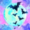 Halloween vector illustration: creepy cute vector bat flying against full moon in neon pastel colors. Retro gothic style.