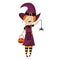 Halloween vector illustration of girl in witch costume with red hair holding pumpkin and spider. Emotion of disgust on