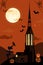 Halloween vector illustration with gothic catholic church and clock tower. Luminous Jack-o-lanterns.