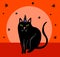 Halloween vector illustration of a happy sophisticated black cat in a witch hat