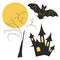 Halloween vector illustration. Haunted house, tree, moon and bat