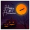 Halloween - vector illustration with pumpkins, bats, full yellow moon and creepy trees on a dark background