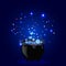 Halloween vector illustration of witch pot with boiling potion, sparkles on blue background.