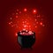 Halloween vector illustration of witch pot with boiling potion, sparkles on red background.
