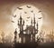 Halloween vector poster template with dark castle, giant moon and bats silhouettes in foggy sky