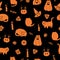 Halloween vector seamless pattern. Hand drawn ink doodles of fat cats, pumpkins, hats, cookies, candles and candies