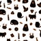 Halloween vector seamless pattern. Hand drawn ink doodles of fat cats, pumpkins, hats, cookies, candles and candies