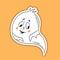 Halloween vector sticker. One line hand drawn Halloween emoticon ghost. Funny little cute confused ghost. Doodle for logo, poster