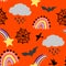 Halloween vector whimsical weather pattern with rainbows and shooting stars